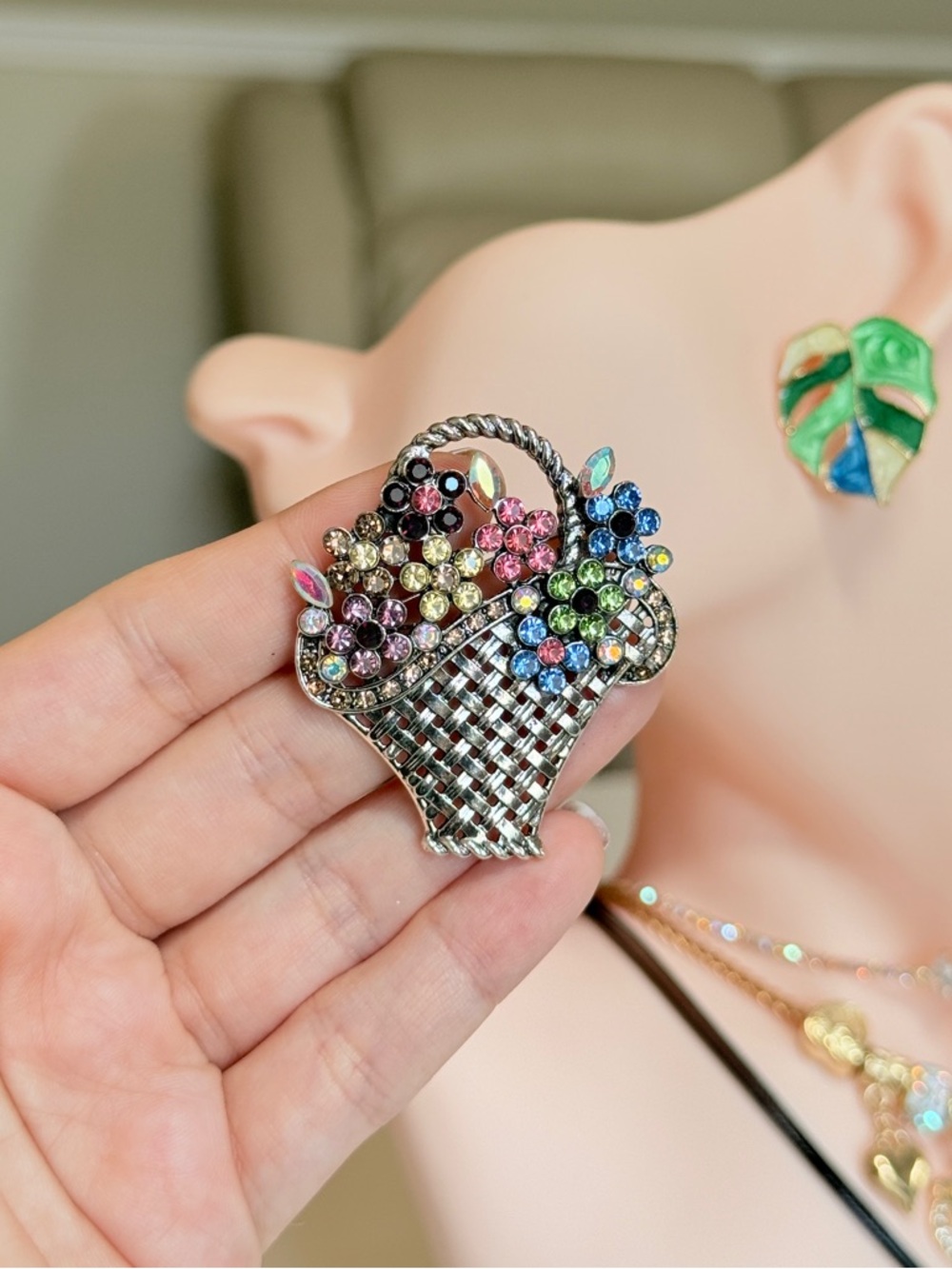 Multicolor Crystal Floral Basket Brooch